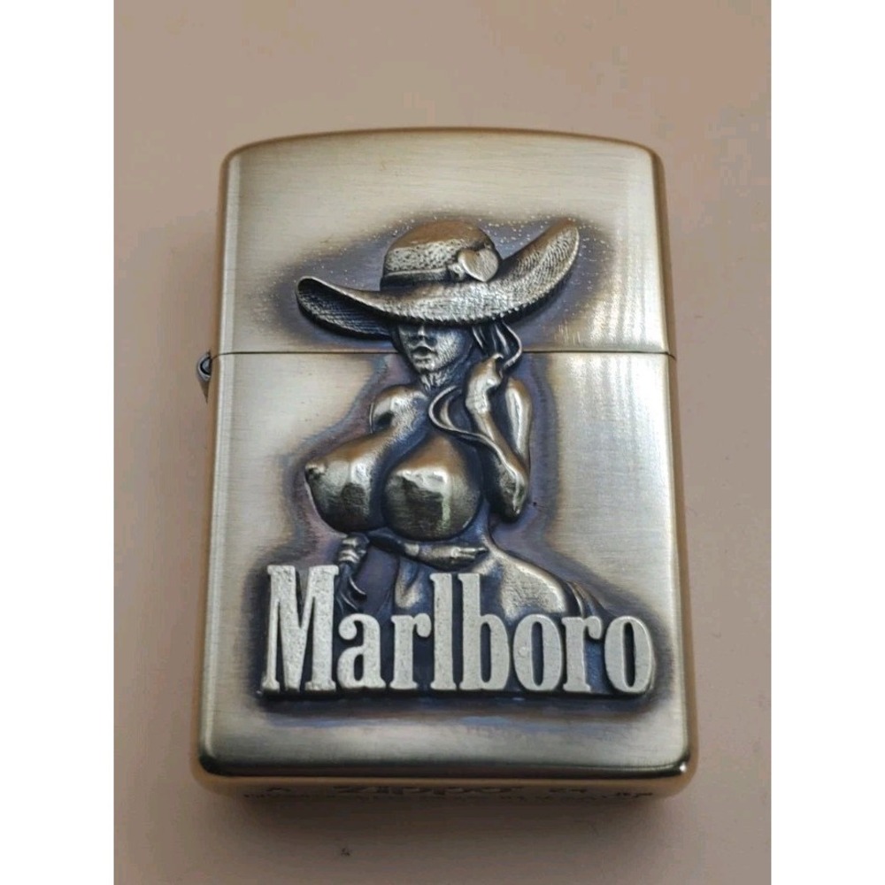 Zippo Lighter With A Busty Cowgirl Medallion Brass Case Amor Unused